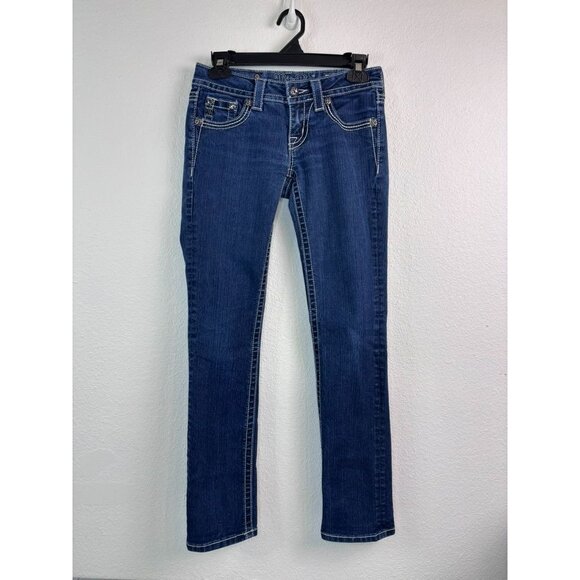 Miss Me women's 25 straight leg dark wash denim jeans embroidered pockets - Picture 1 of 9